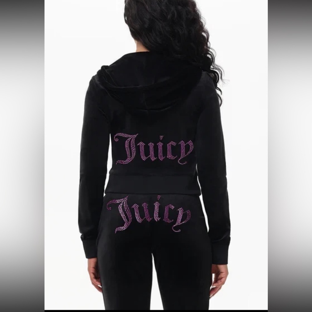 NWT Juicy Couture Black with Pink Rhinestone Velour Tracksuit Set Liquorice US L